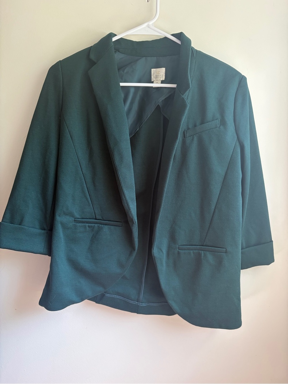 LC Lauren Conrad Open Front Blazer Jacket Green Pockets 3/4 Cuffed Sleeve Size 6